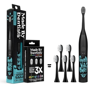 image:imageMade by Dentists Sonic X Electric Toothbrush  Rechargeable Kids Sonic Toothbrush 8X Plaque Removal 2 Speed Modes 2Minute Timer 6 Brush Heads Included Tweens Ages 7 Good Vibes Only EditionBlack and Blue