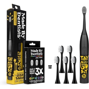 image:imageMade by Dentists Sonic X Electric Toothbrush  Rechargeable Kids Sonic Toothbrush 8X Plaque Removal 2 Speed Modes 2Minute Timer 6 Brush Heads Included Tweens Ages 7 Good Vibes Only EditionBlack and Yellow